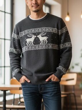 GAP Dark Gray Crewneck Sweater with White Reindeer Fair Isle